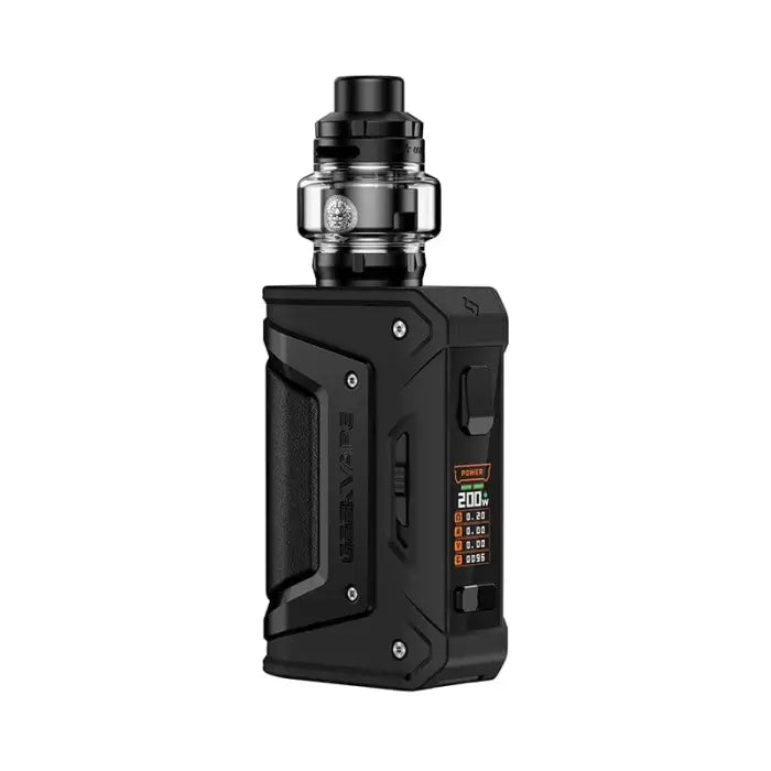 Electronic vaping device with a black rectangular body and a metallic tank on top.