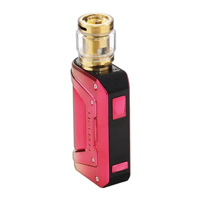 Electronic vaping device with a red and black body and gold-colored connector.