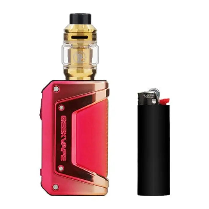 Electronic vaping device or e-cigarette mod in red and gold colors with a detachable tank.