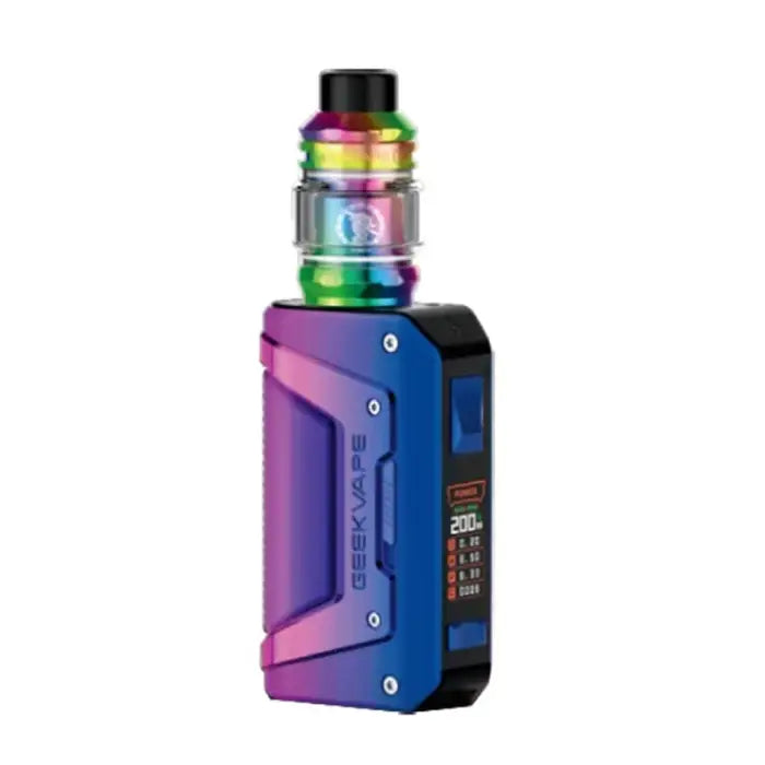 Colorful electronic vaping device with a digital display and metallic tank.