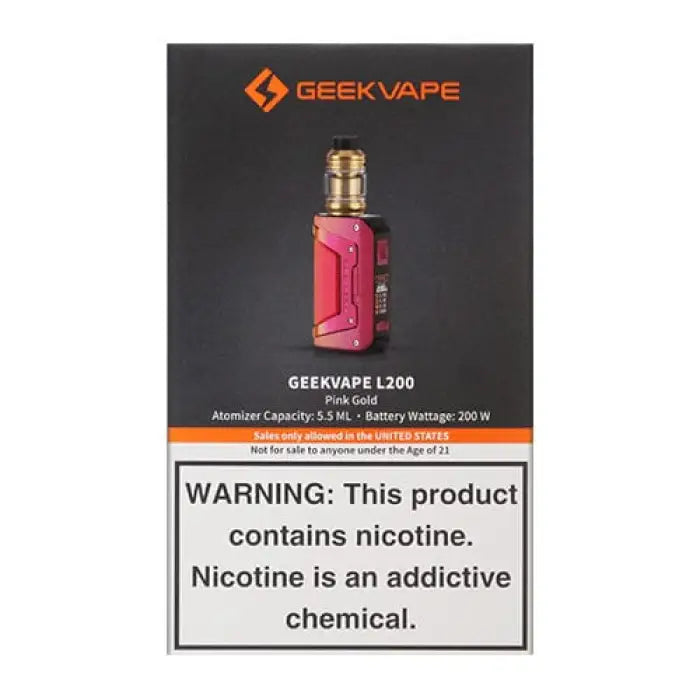 Pink and gold electronic vaping device with ’Geekvape L200’’ branding.