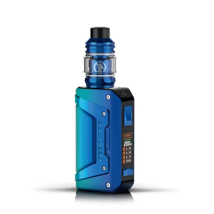 Electronic vaping device with a blue and teal body and digital display screen.