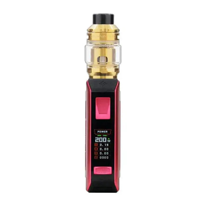 Electronic vaping device with a digital display and gold-colored tank.