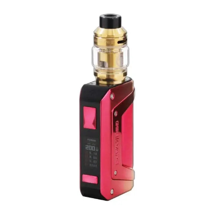 Electronic vaping device with a red and black body and a gold-colored tank on top.