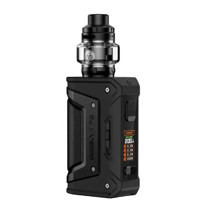 Electronic vaping device with a rugged black body and digital display screen.