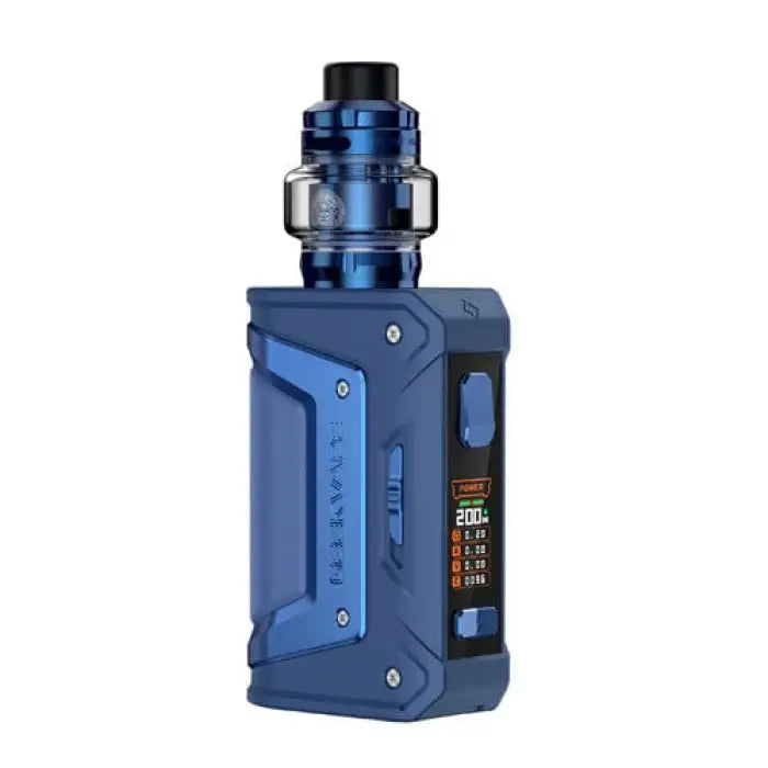 Blue electronic vaping device with a digital display and tank attachment.