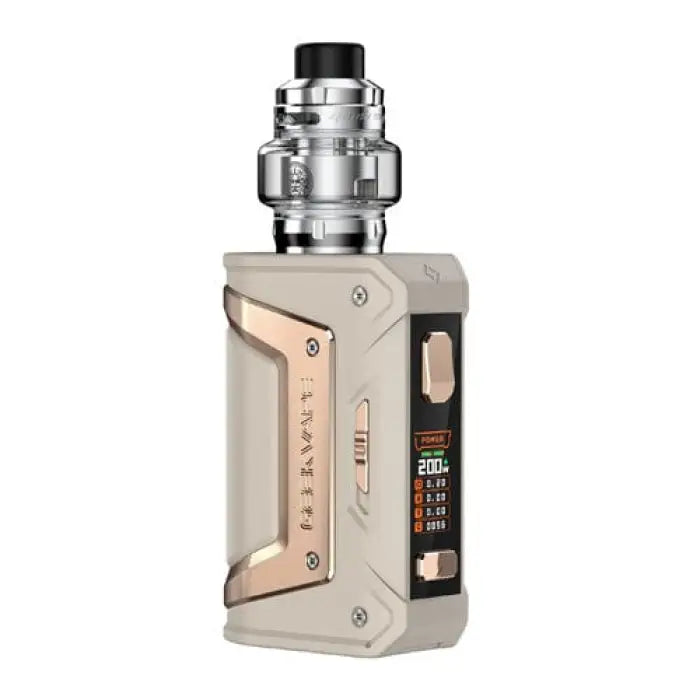 Electronic vaping device with a metallic tank and digital display screen.