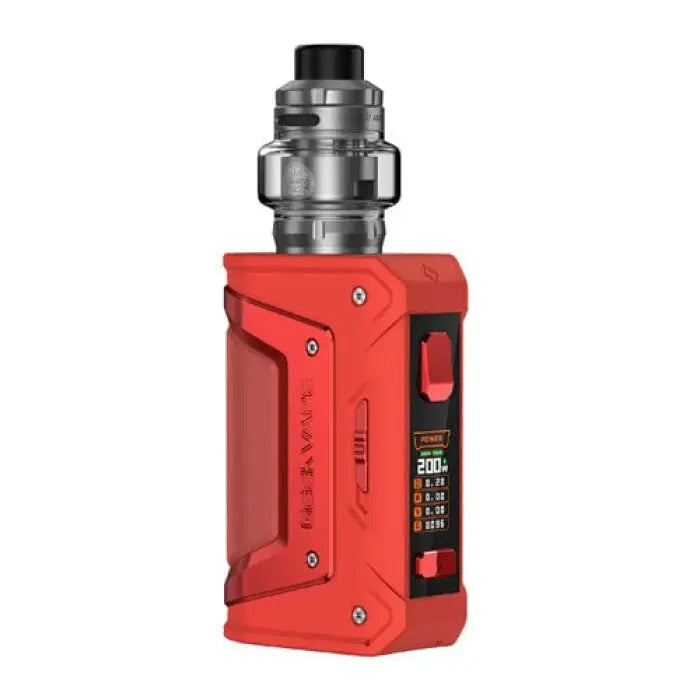 Red electronic vaping device or mod with a digital display and metallic tank attachment.