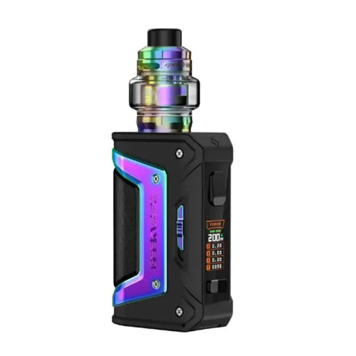 Colorful electronic vaping device with a digital display and metallic tank attachment.