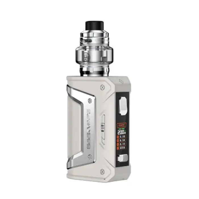 Electronic vaping device with a metallic body and digital display screen.