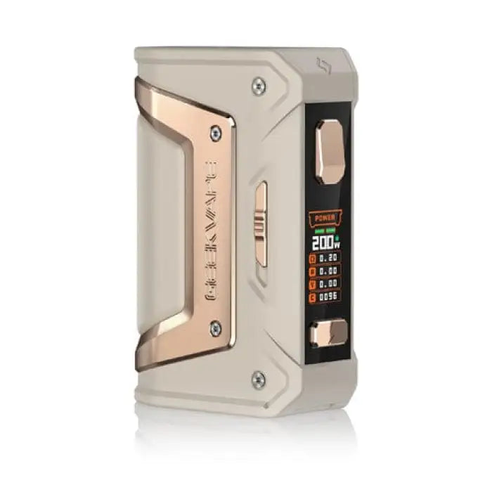 Electronic vaping device with a digital display and metallic accents.