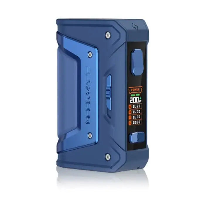 Blue electronic vaping device or mod with a digital display screen.