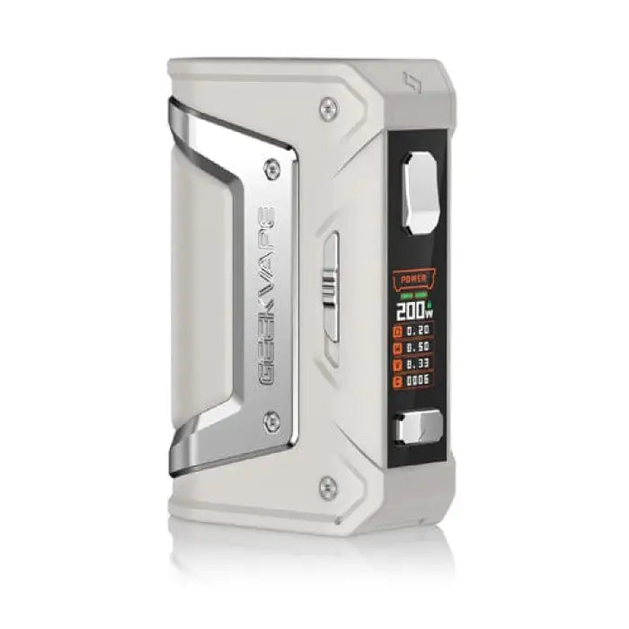 Electronic vaping device or mod with a digital display and control buttons.