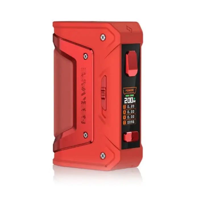 Red electronic vaping device with a digital display and rugged exterior design.