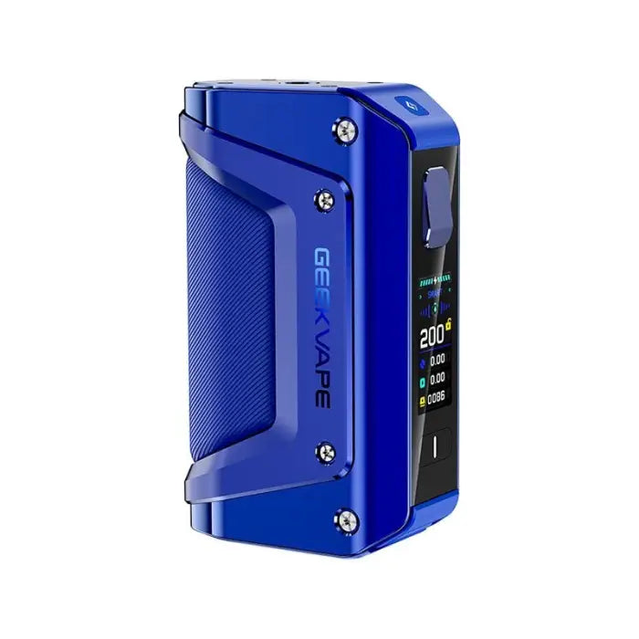 Blue electronic vaping device with a digital display screen.