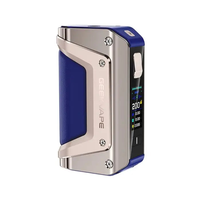 Electronic vaping device with a blue and silver metallic body featuring a digital display screen.