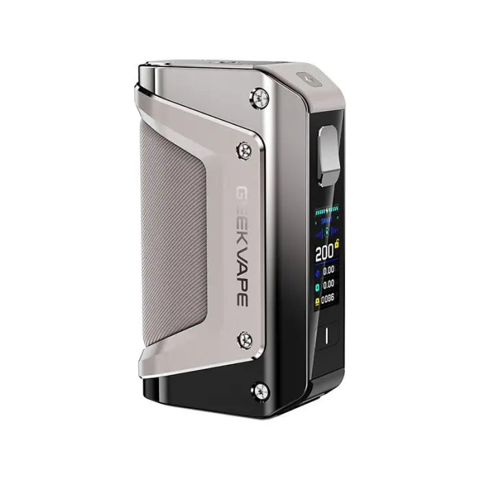 Electronic vaping device with a metallic body and digital display screen.