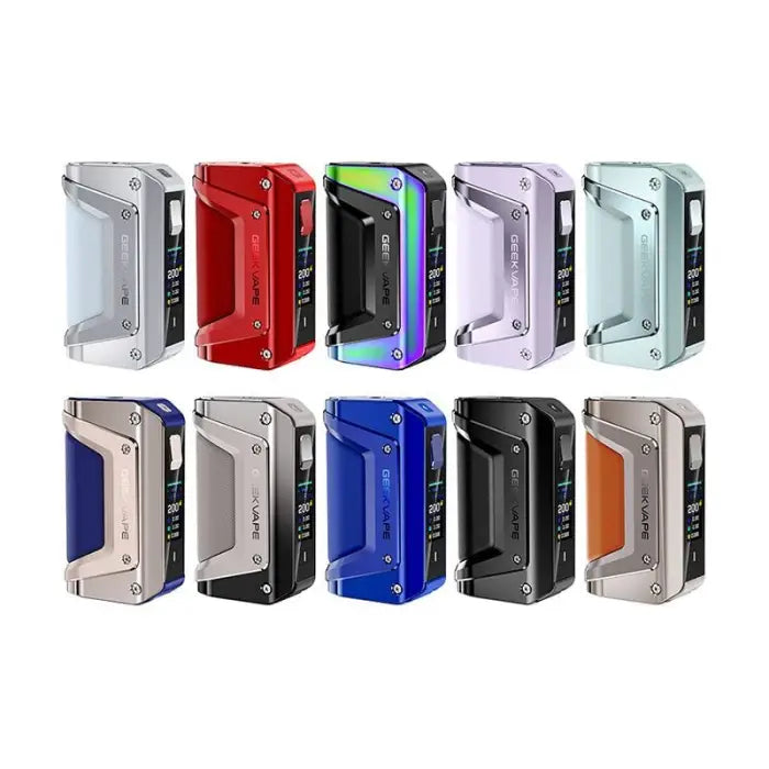 Collection of colorful electronic vaping devices or box mods in various designs and colors.