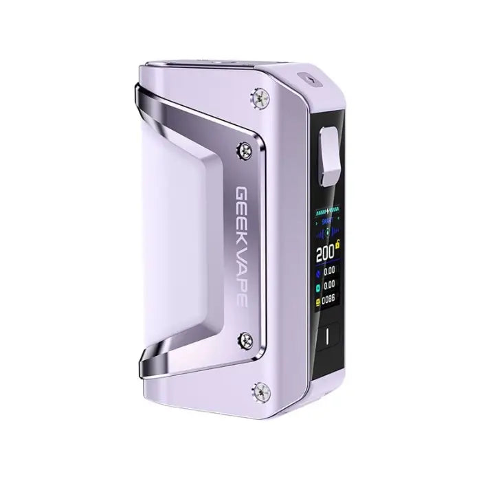 Electronic vaping device or mod with a digital display and metallic silver body.