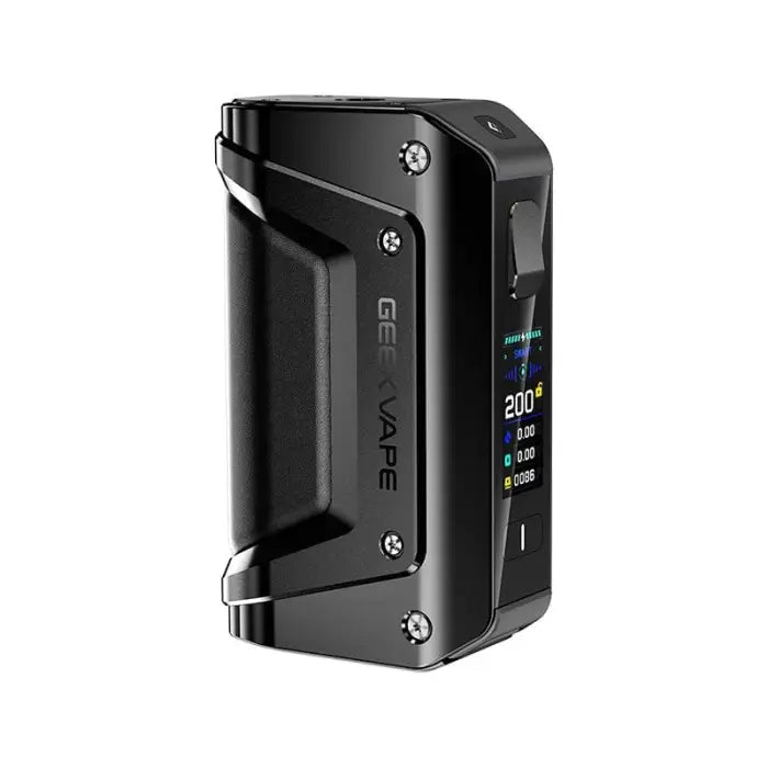 Black electronic vaping device with a digital display screen.