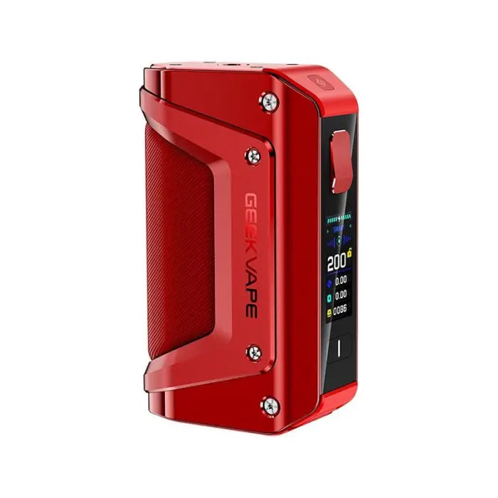 Red electronic vaping device with a digital display screen.