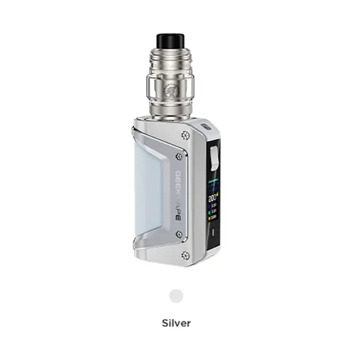 Electronic vaping device with a silver body and digital display.