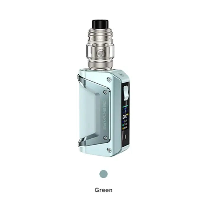 Electronic vaping device with a rectangular body and cylindrical tank in light green color.