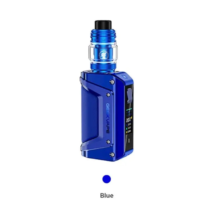 Blue electronic vaping device with a digital display and removable tank.