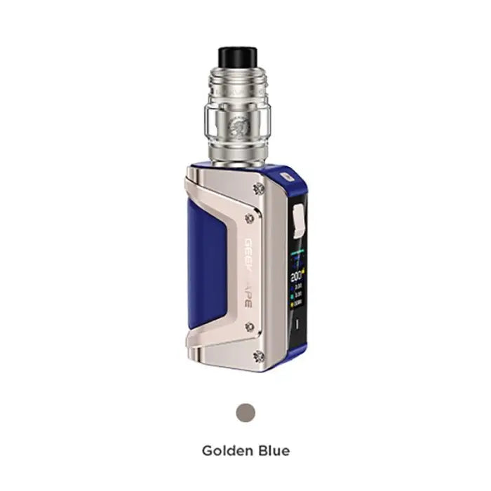 Electronic vaping device with a blue and silver body and a digital display.