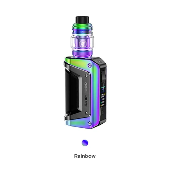 Colorful electronic vaping device with a tank and digital display.