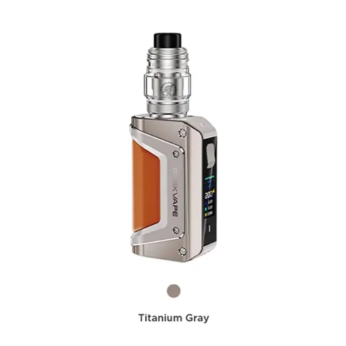 Electronic vaping device with a titanium gray body and orange accent panel.