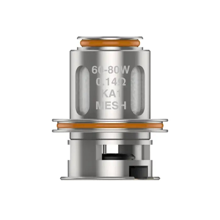 Metallic vaping coil or atomizer head with orange O-rings.