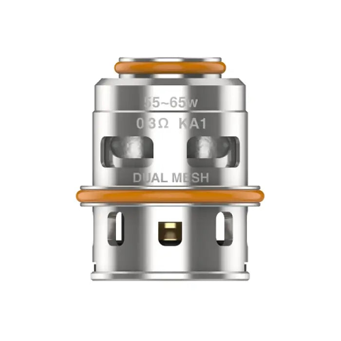 Metallic cylindrical vaping coil or atomizer head with orange accents and visible mesh openings.