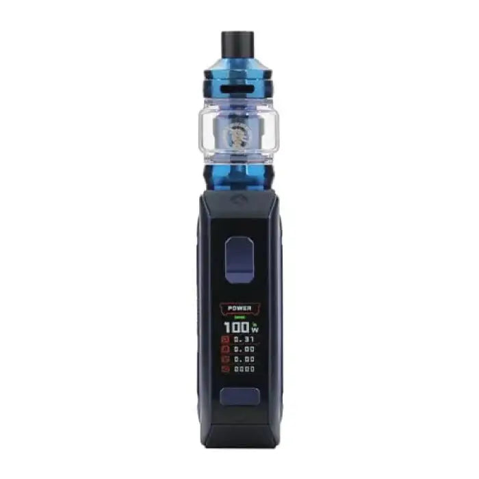 Electronic vaping device with a blue tank and digital display screen.