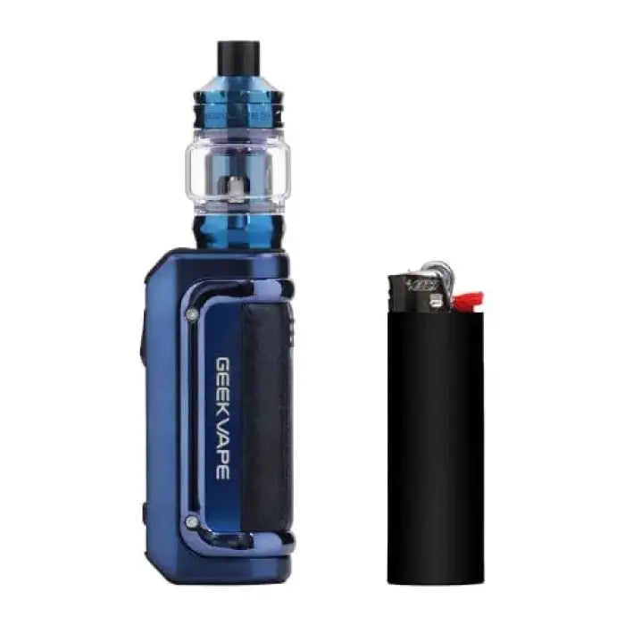 Blue electronic vaping device with a clear tank and metallic accents.