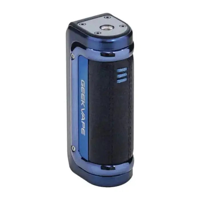 Cylindrical blue and black electronic vaping device or mod.