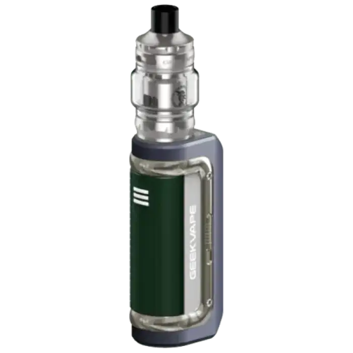 Electronic vaping device with a green body and silver tank attachment.