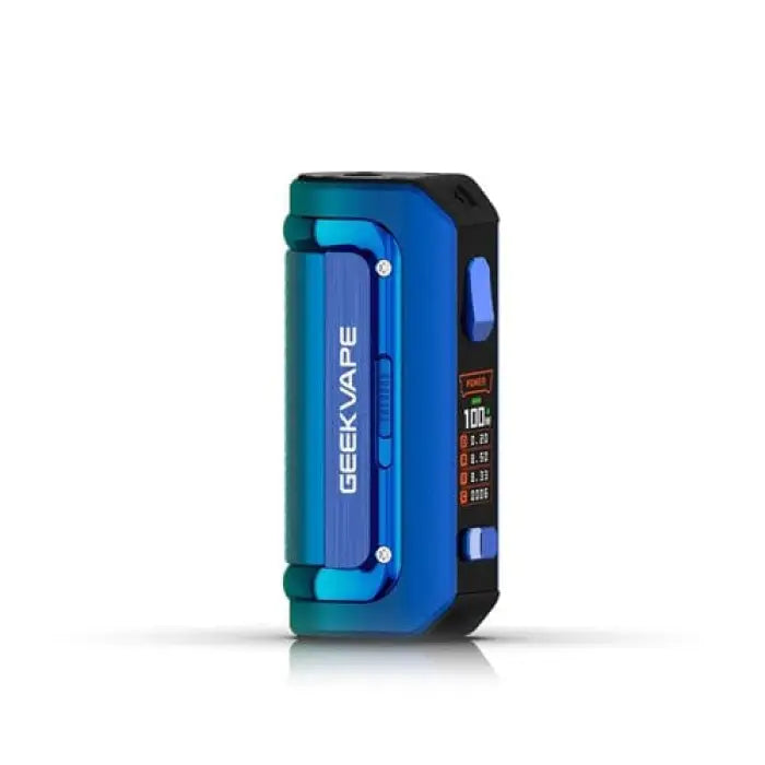 Blue and teal electronic vaping device with a digital display.