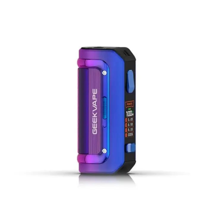 Colorful electronic vaping device with a digital display and buttons.