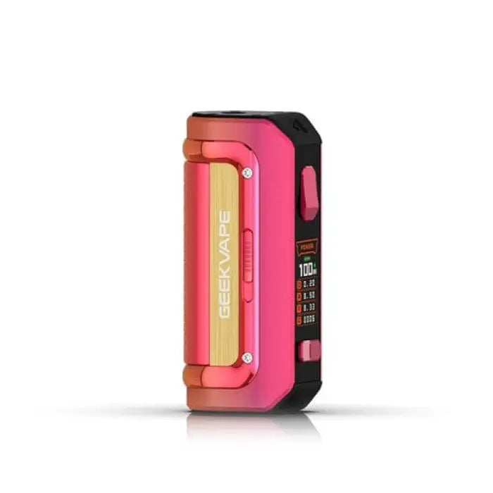 Electronic vaping device or mod in red and pink colors with a digital display.