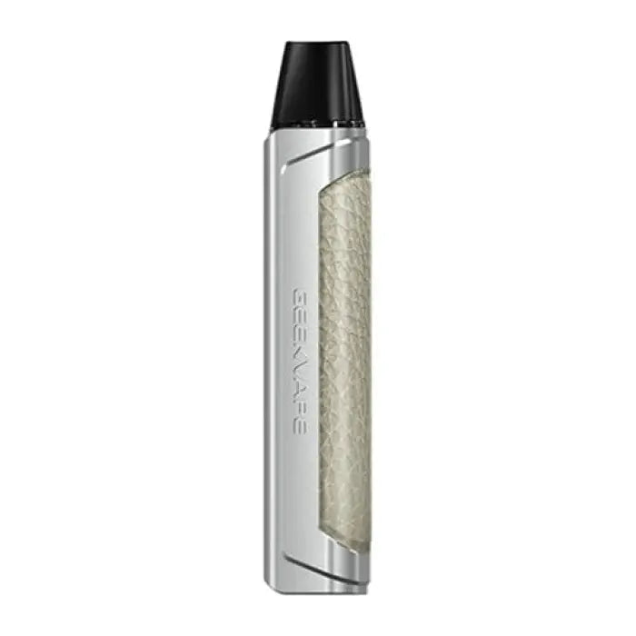 Sleek electronic vaping device with a silver and white design.