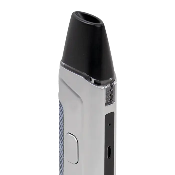 Sleek electronic vaping device with a silver body and black mouthpiece.