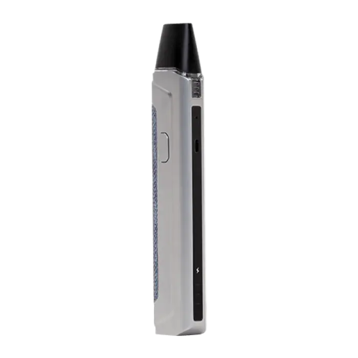 Sleek, silver and black electronic vaping device or e-cigarette.