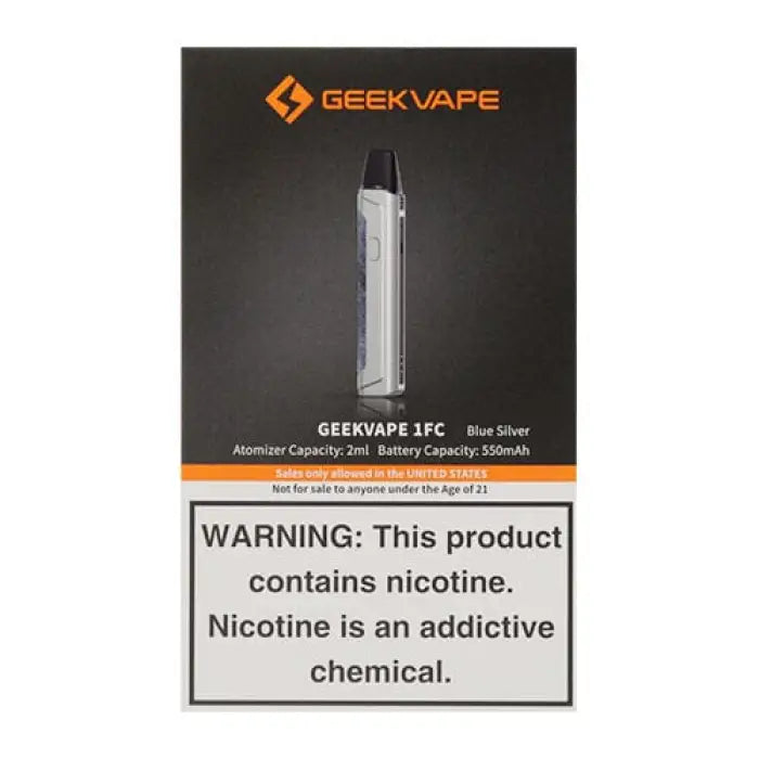 Disposable electronic cigarette device in packaging with warning label.