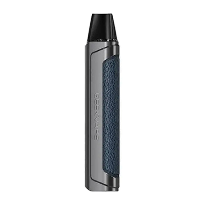 Sleek electronic vaping device with a metallic body and textured grip panel.