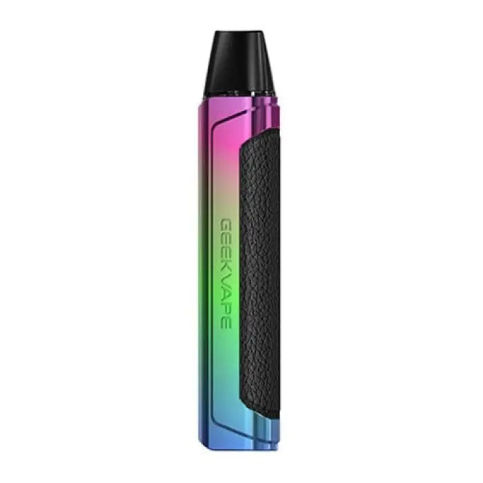 Colorful electronic vaping device with a gradient rainbow finish and black accents.