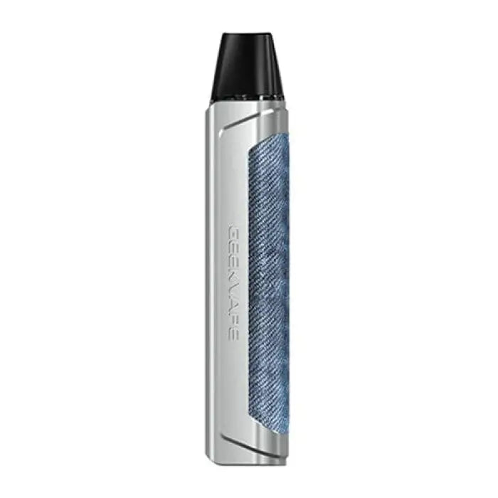 Sleek electronic vaping device with a silver body and blue textured panel.