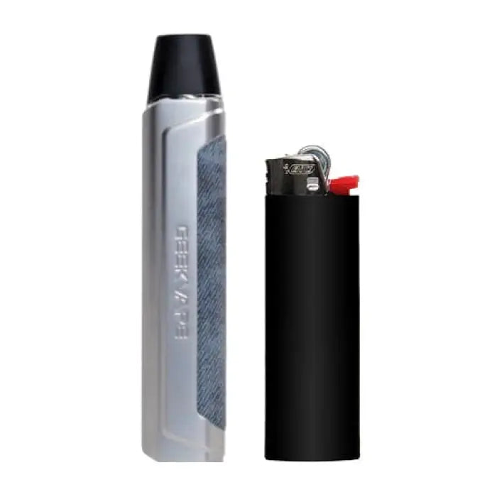 Sleek, silver electronic vaping device with a black mouthpiece, shown next to a black cigarette lighter.