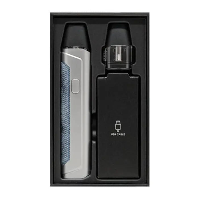 Electronic vaping device with a sleek silver and blue design, accompanied by a black accessory in a presentation box.