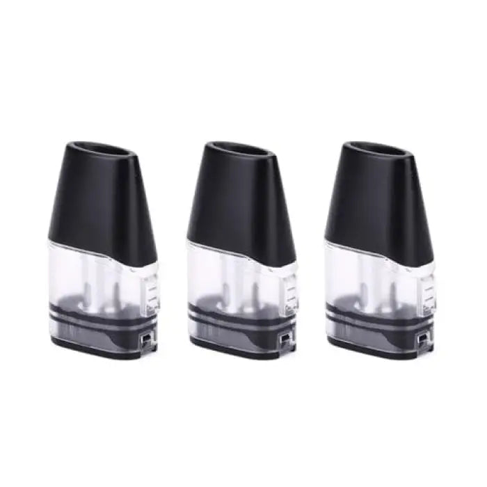 Three identical black and clear plastic vape pods or cartridges.